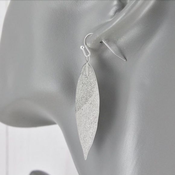 New Inspired Silver Filagree Leaf Dangle Drop Earrings - Picture 6 of 11